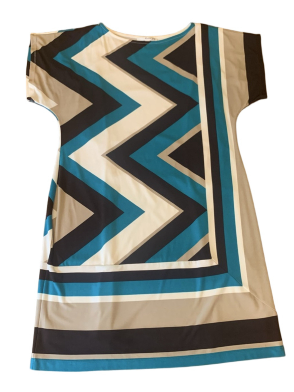 Studio One Dress Medium Turquoise Tan White Black Chevron Pattern Shortsleeved